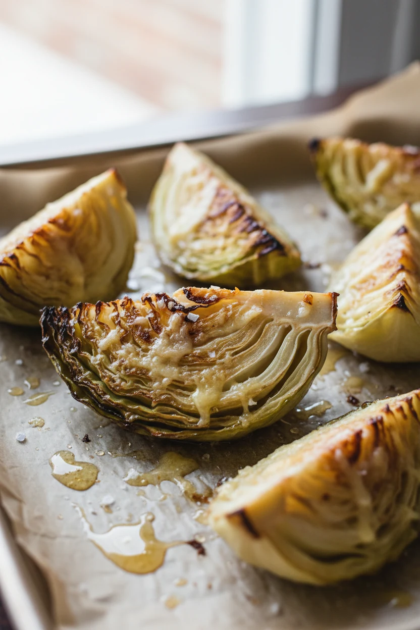 Close-up of roasted garlic-butter cabbage wedges with deeply charred edges, melted Parmesan and coarse salt crystals cli