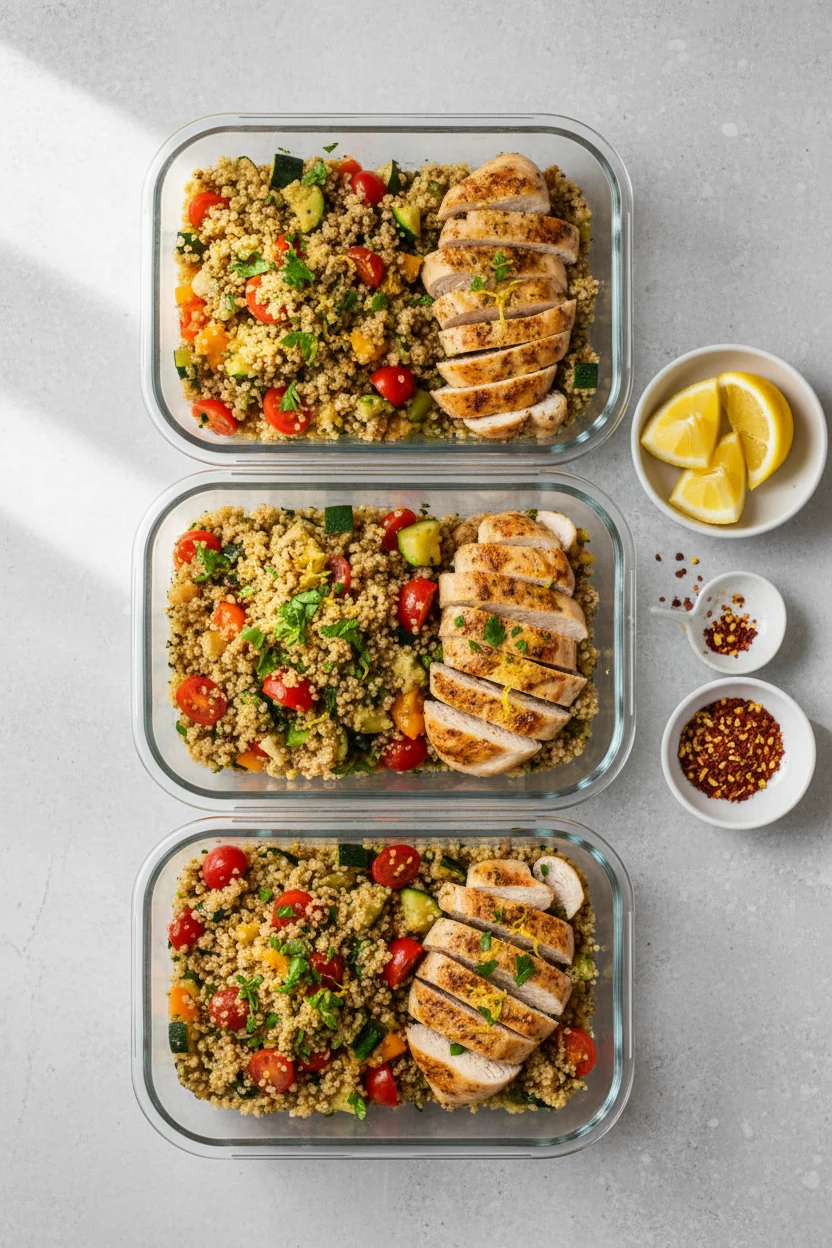 Tasty top view meal prep: overhead of cooked lemon-herb chicken and veggie quinoa neatly portioned into glass containers
