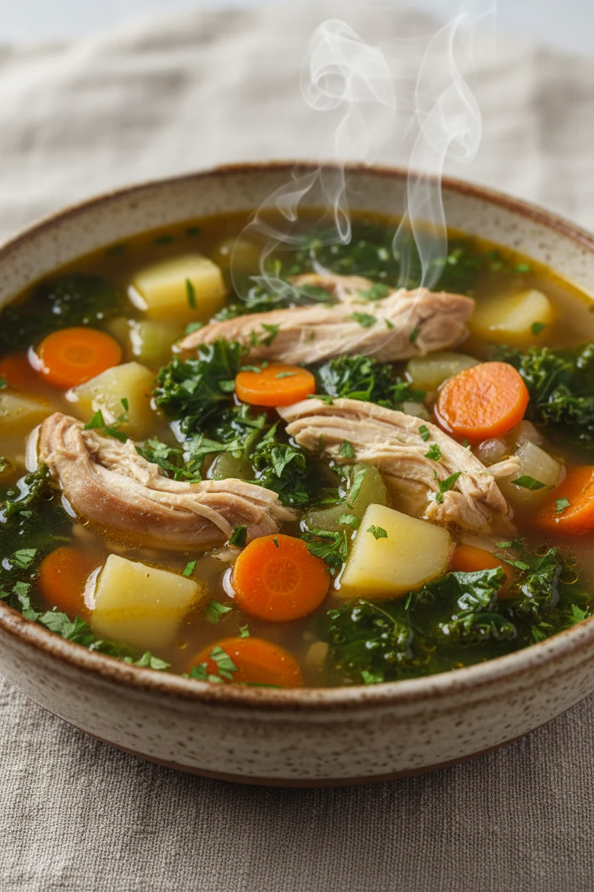 Close-up of Hearty Chicken & Veggie soup: juicy shredded chicken thighs, tender Yukon gold potato cubes, carrot coins an