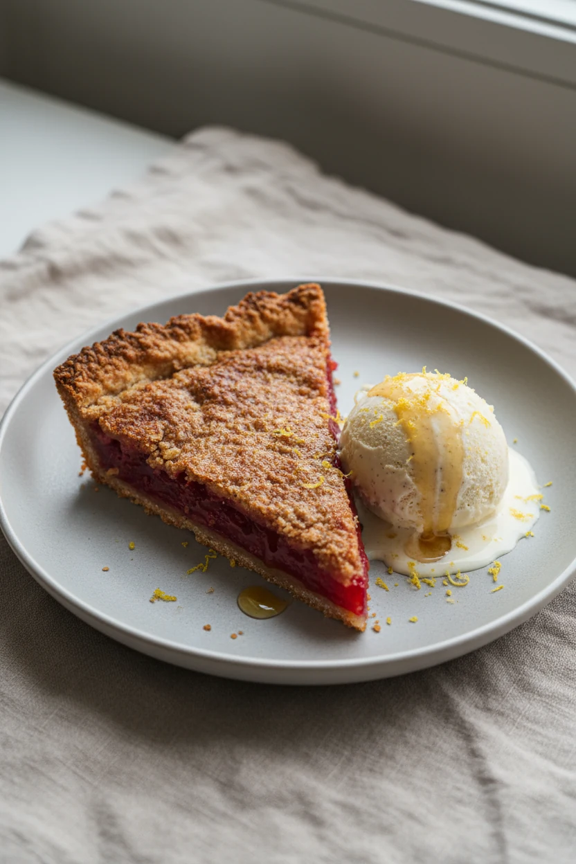 4. Final plated weeknight pie hack: neat wedge of rhubarb oat-crust pie on a matte ceramic plate, set jammy filling, cri