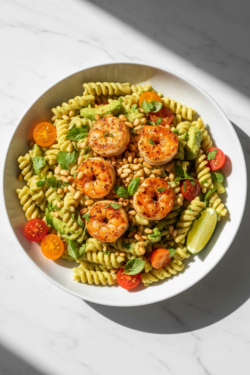 4. Overhead shot of avocado cilantro lime fusilli topped with chili-lime seared shrimp, cherry tomatoes, toasted pine nu