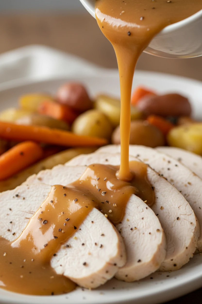 Close-up action shot of silky turkey gravy being poured over a fan of sliced breast meat, glossy sheen with pepper fleck