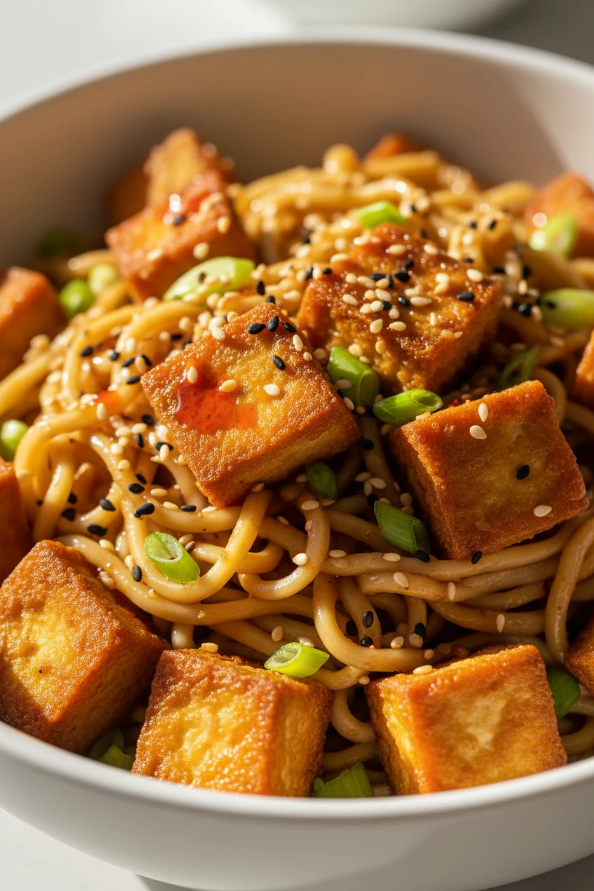 Close-up detail: Garlic Sesame Tofu Chow Mein—golden-crisp tofu cubes and bouncy wheat noodles coated in glossy garlic-s