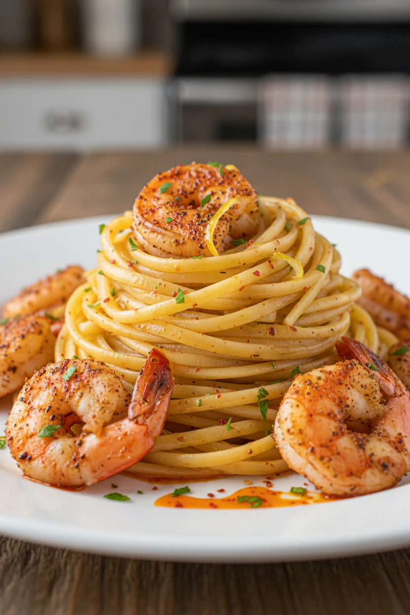 Close-up detail of Cajun Kick shrimp linguine: a twirled nest of pasta lacquered in buttery pan sauce with paprika-red o