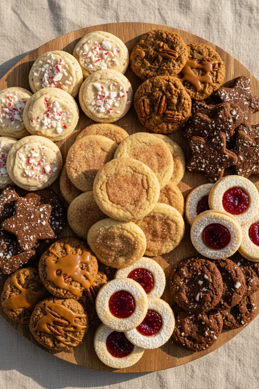 4. Overhead shot of a holiday cookie assortment platter—snickerdoodles coated in cinnamon sugar, peppermint white chocol