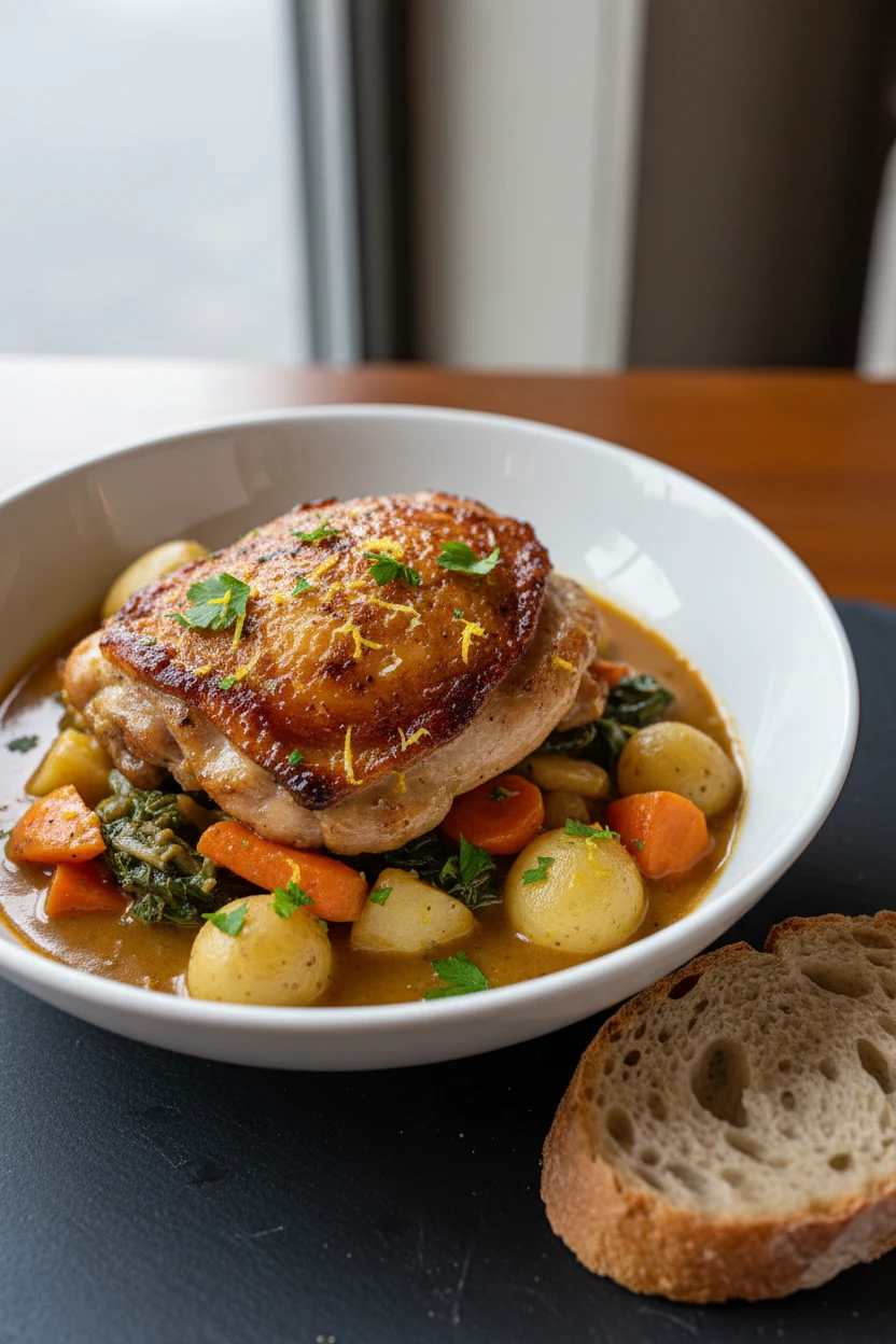 Beautifully plated bowl of Dutch oven chicken: vegetables and silky sauce spooned first, one crisp-skinned thigh on top,