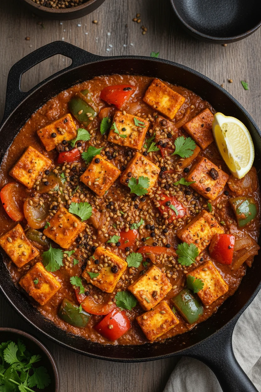 Tasty top view: Overhead Kadai Paneer in a dark skillet—charred bell peppers and onion, paneer cubes, crushed coriander 