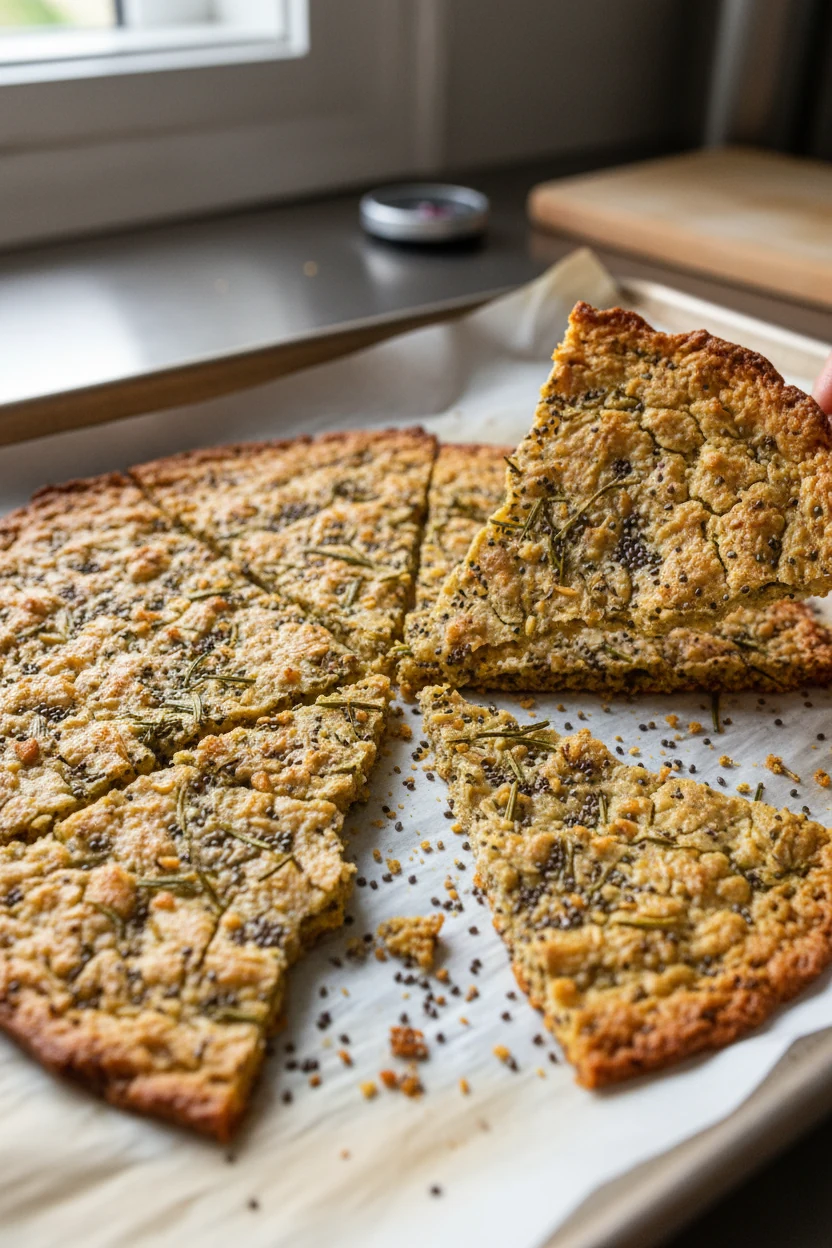 Savory herbed chia crackers, freshly baked at 325°F, golden edges and crackled surface with flecks of garlic powder and 