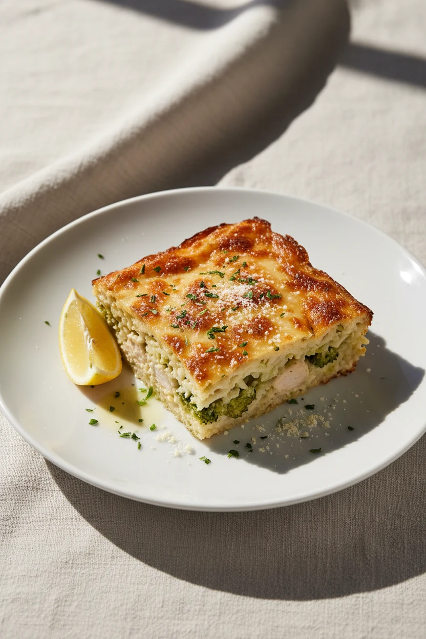 Final plated serving: a tidy square of chicken–broccoli rice bake on a white plate, garnished with chopped parsley, a sq