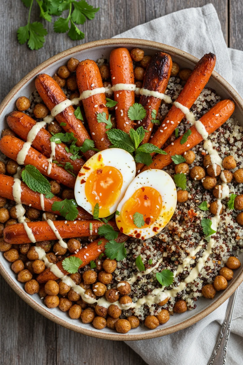Top-down tasty view of a loaded roasted carrot bowl: caramelized spiced carrot batons over warm quinoa with a jammy egg,