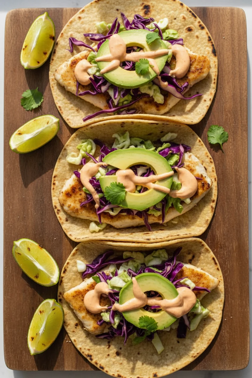 Overhead top view: fish tacos filled with flaked tilapia, crunchy slaw, avocado slices, and a drizzle of Greek yogurt-li