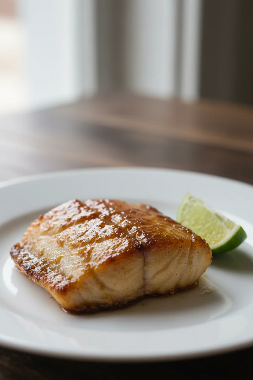 4. Close-up of miso-glazed broiled cod with a caramelized, lacquered surface and lightly charred edges, glaze glistening