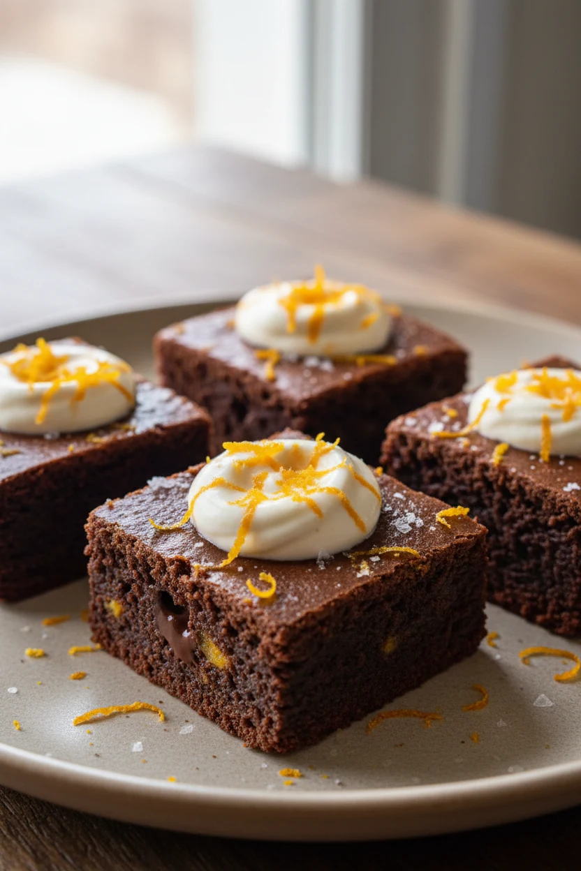 Beautifully plated zesty orange-chocolate brownie squares with fine orange zest and a light maple–Greek yogurt swirl on 