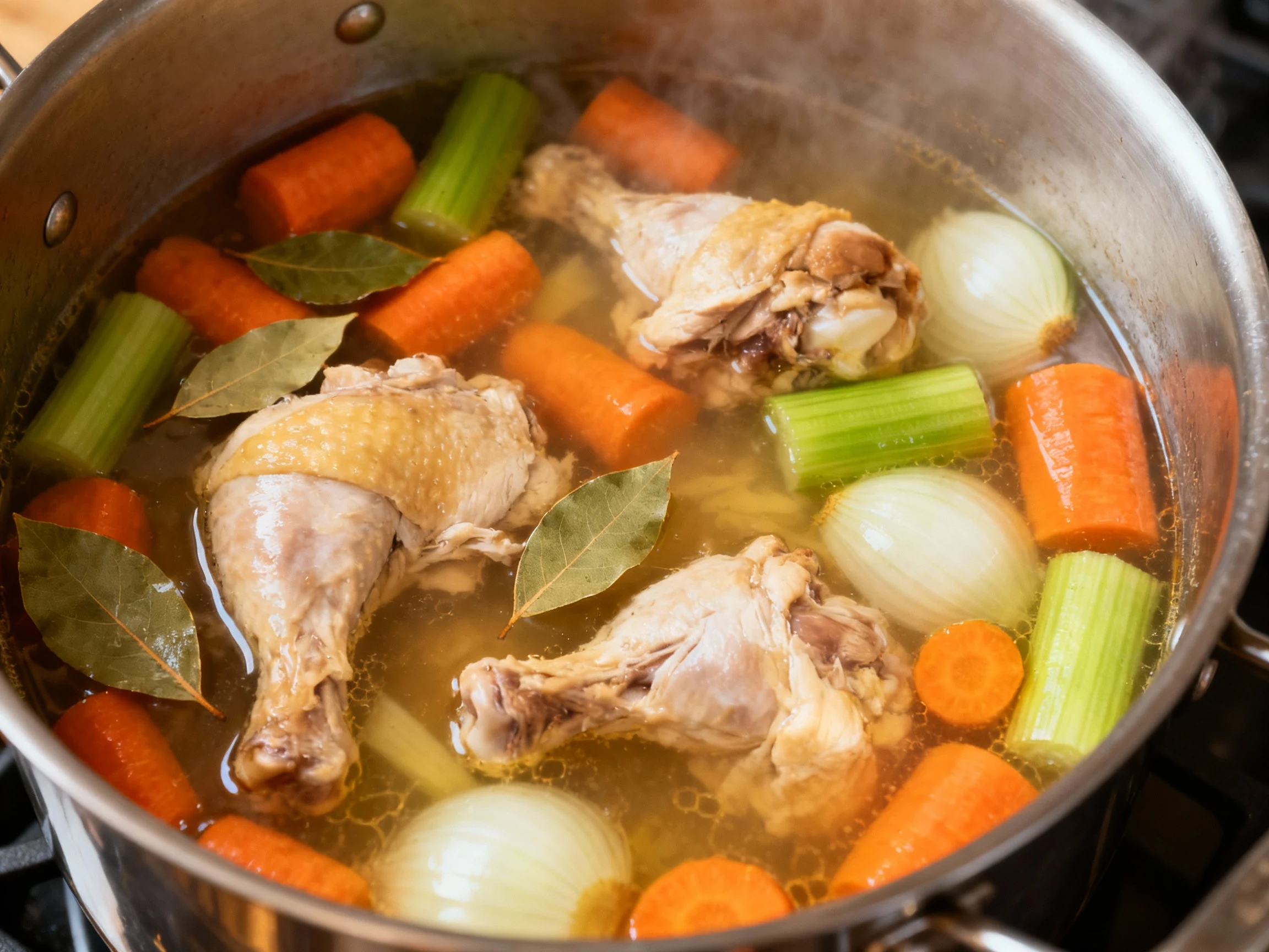 Food photography, 2. Overhead shot of a large stockpot during gentle simmer, showing cooked chicken pieces, softened car