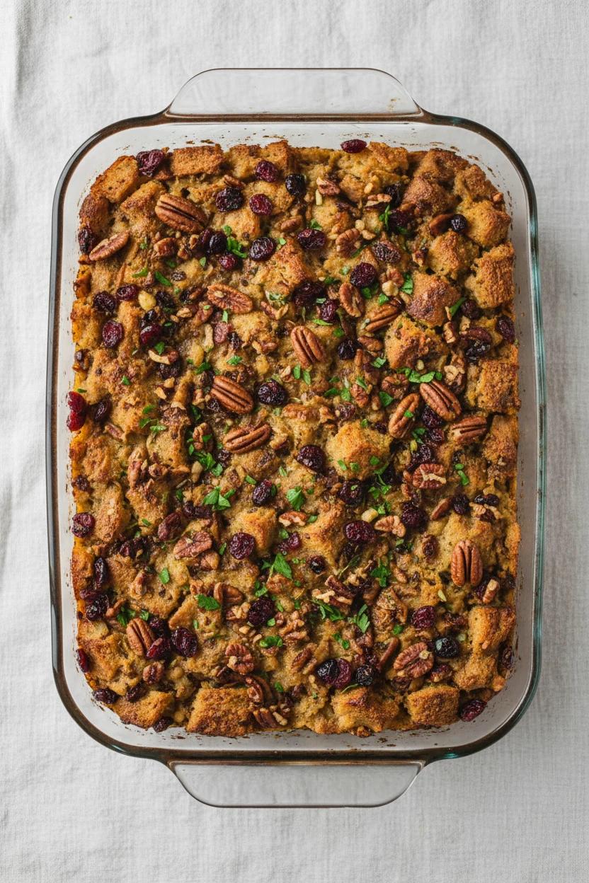Top view: nutty cranberry stuffing in casserole; evenly browned, crisp surface studded with toasted pecans and dried cra