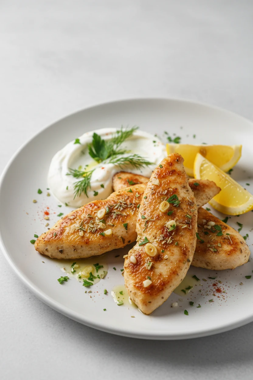 Final plated Greek-style chicken tenderloins finished with oregano, lemon juice, and garlic notes, served on a white pla