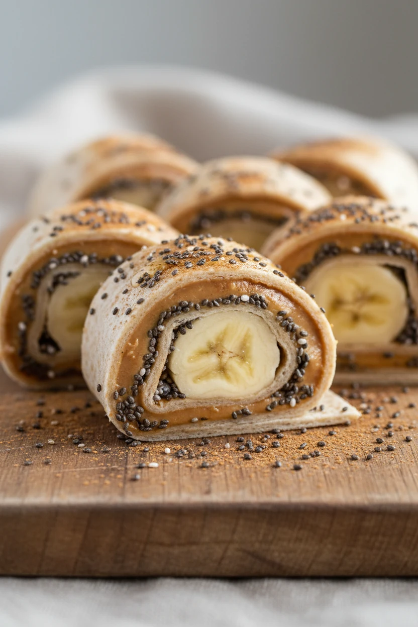 Close-up of sliced peanut butter banana roll-up pinwheels: whole-wheat tortilla spirals with creamy nut butter, banana,