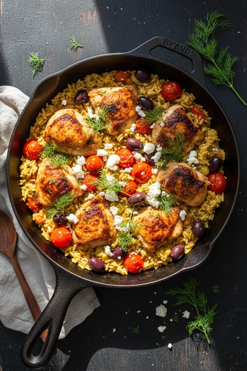 Overhead shot of the Greek-ish variation: rice with juicy chicken, cherry tomatoes and kalamata olives added late, finis