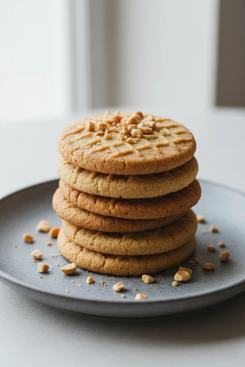4. Final dish: neatly stacked peanut butter cookies on matte stoneware—crisp crosshatch, warm tan color, chopped peanuts