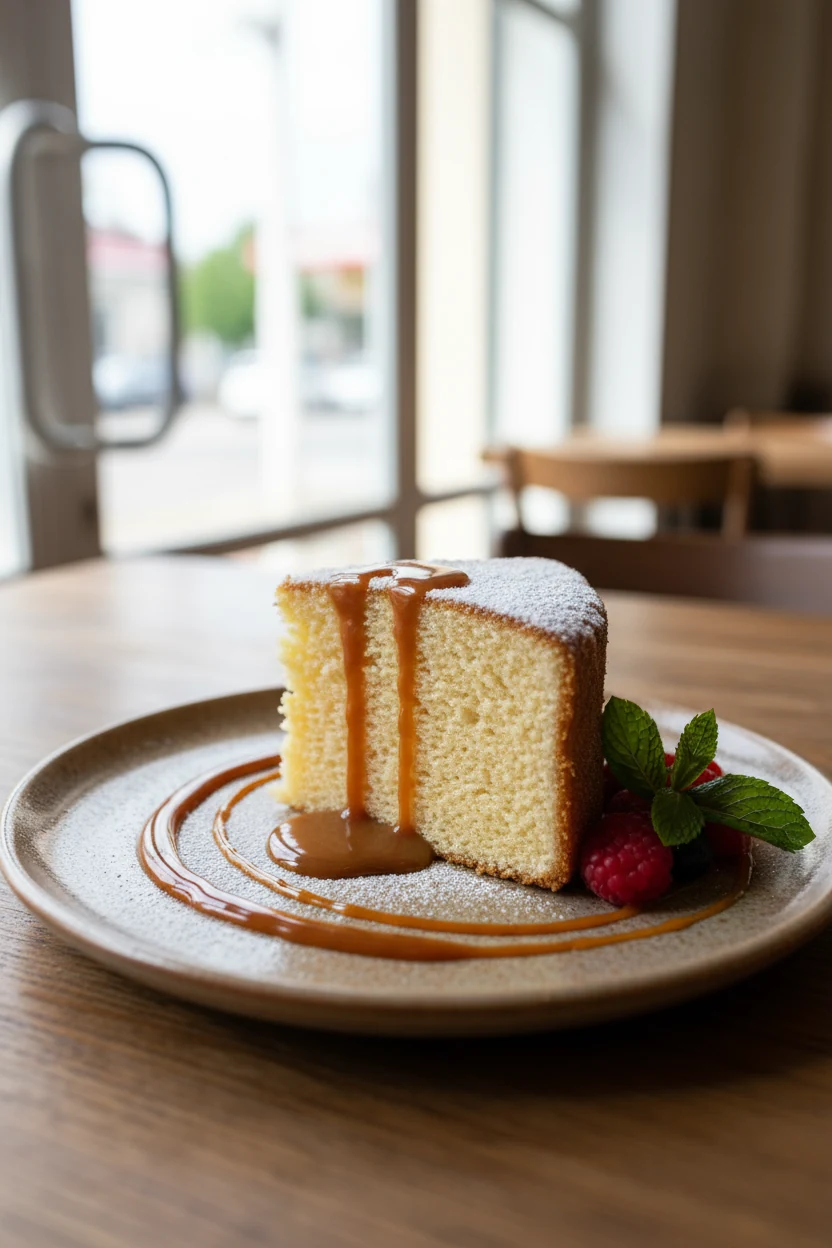 Beautifully plated vanilla sponge cake slice with delicate dusting of powdered sugar and a drizzle of caramel sauce, ser