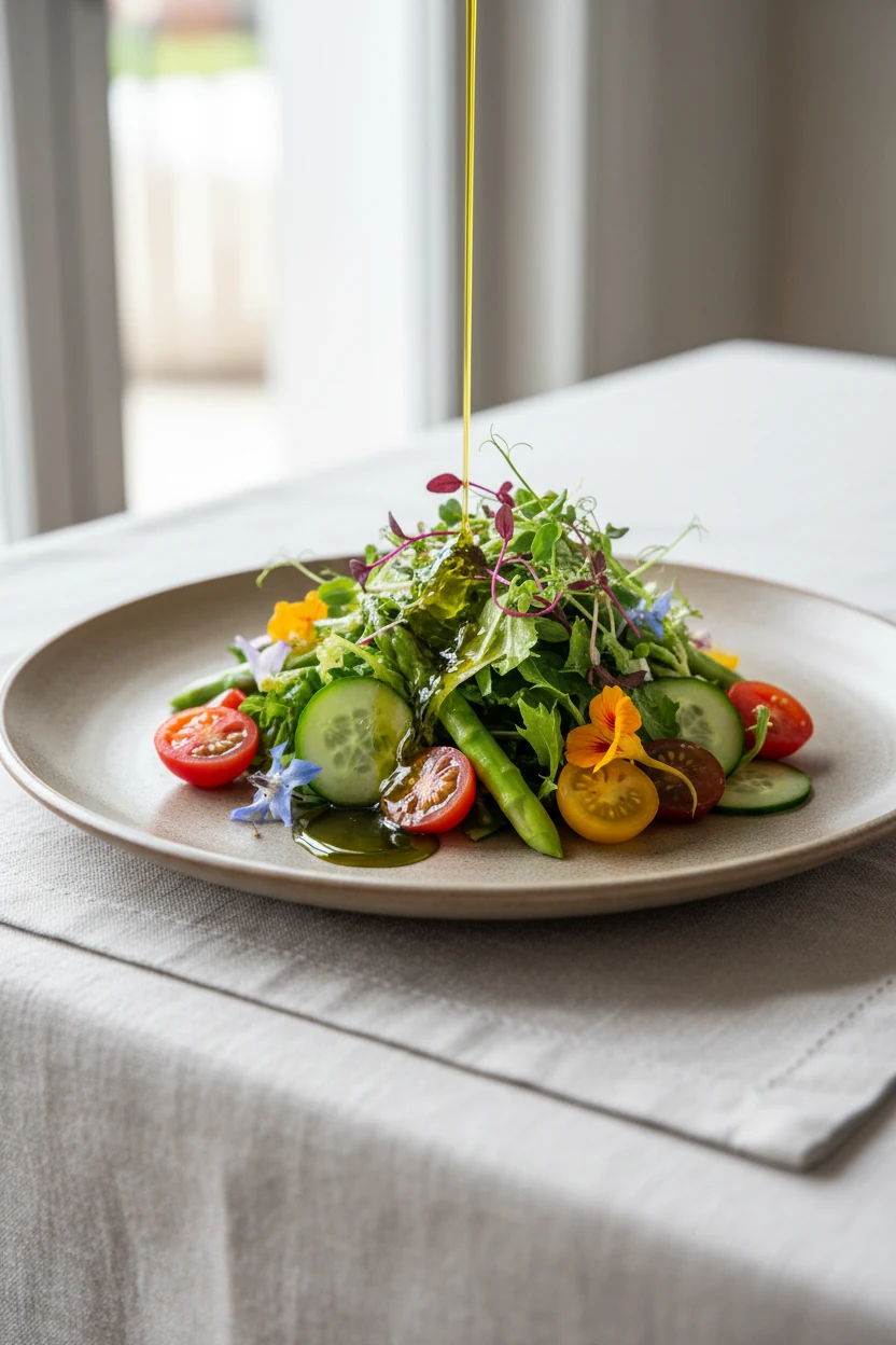 Elegant final dish presentation of summer salad served on a flat stoneware plate, drizzled with extra virgin olive oil a