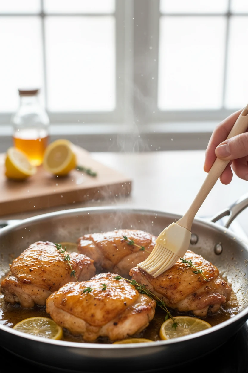 Mid-cooking process shot of chicken thighs being glazed with honey and lemon juice in a skillet, steam rising gently, go