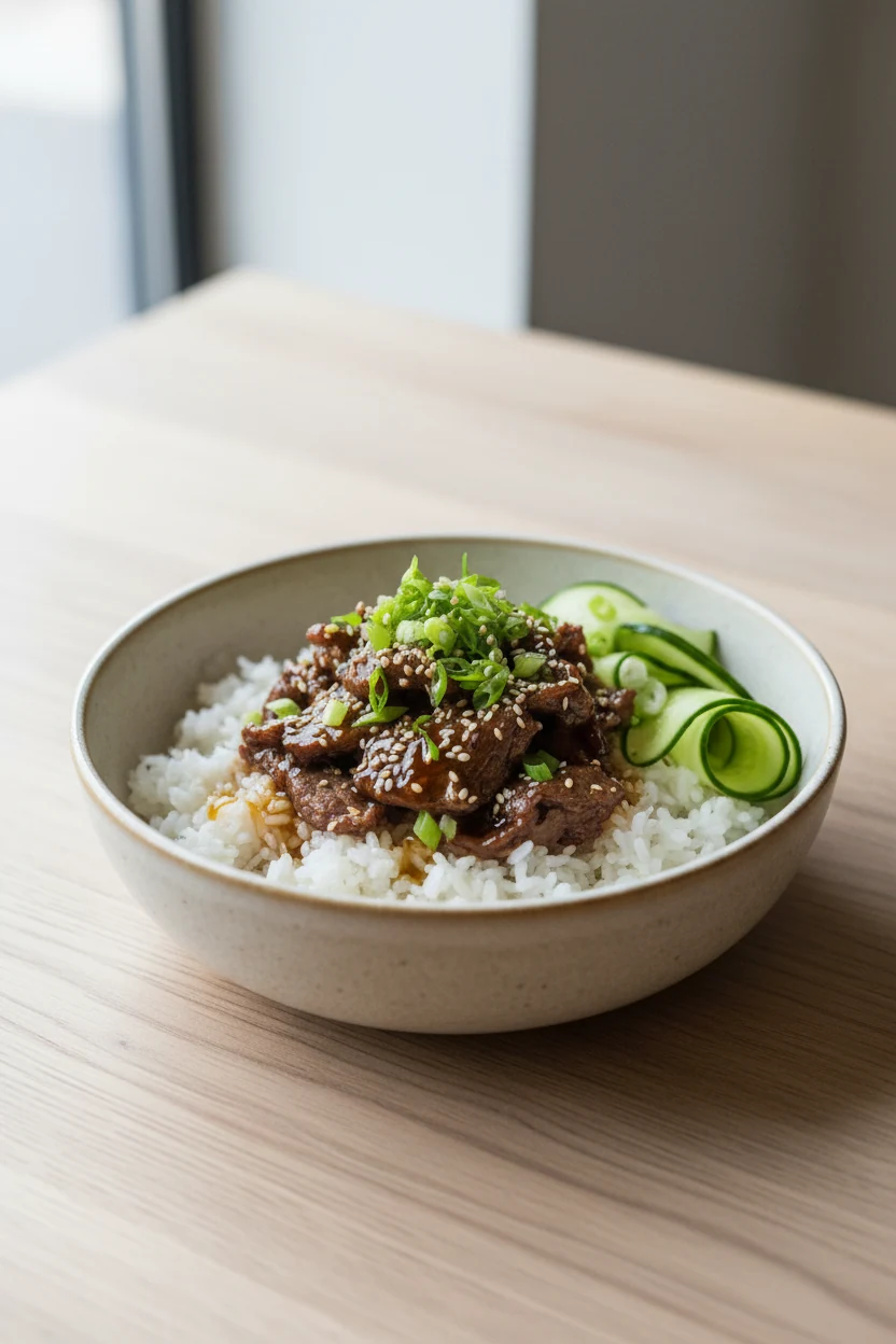 Three-quarter Korean-style beef bowl: glossy soy–brown sugar beef over steamed rice, scallions and sesame seeds, cucumbe