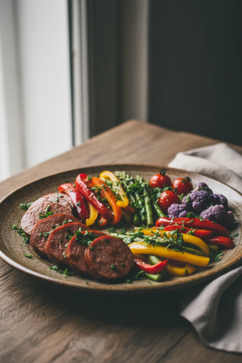 Beautifully plated kielbasa and vegetable medley on a rustic ceramic plate, arranged with colorful ingredients separated