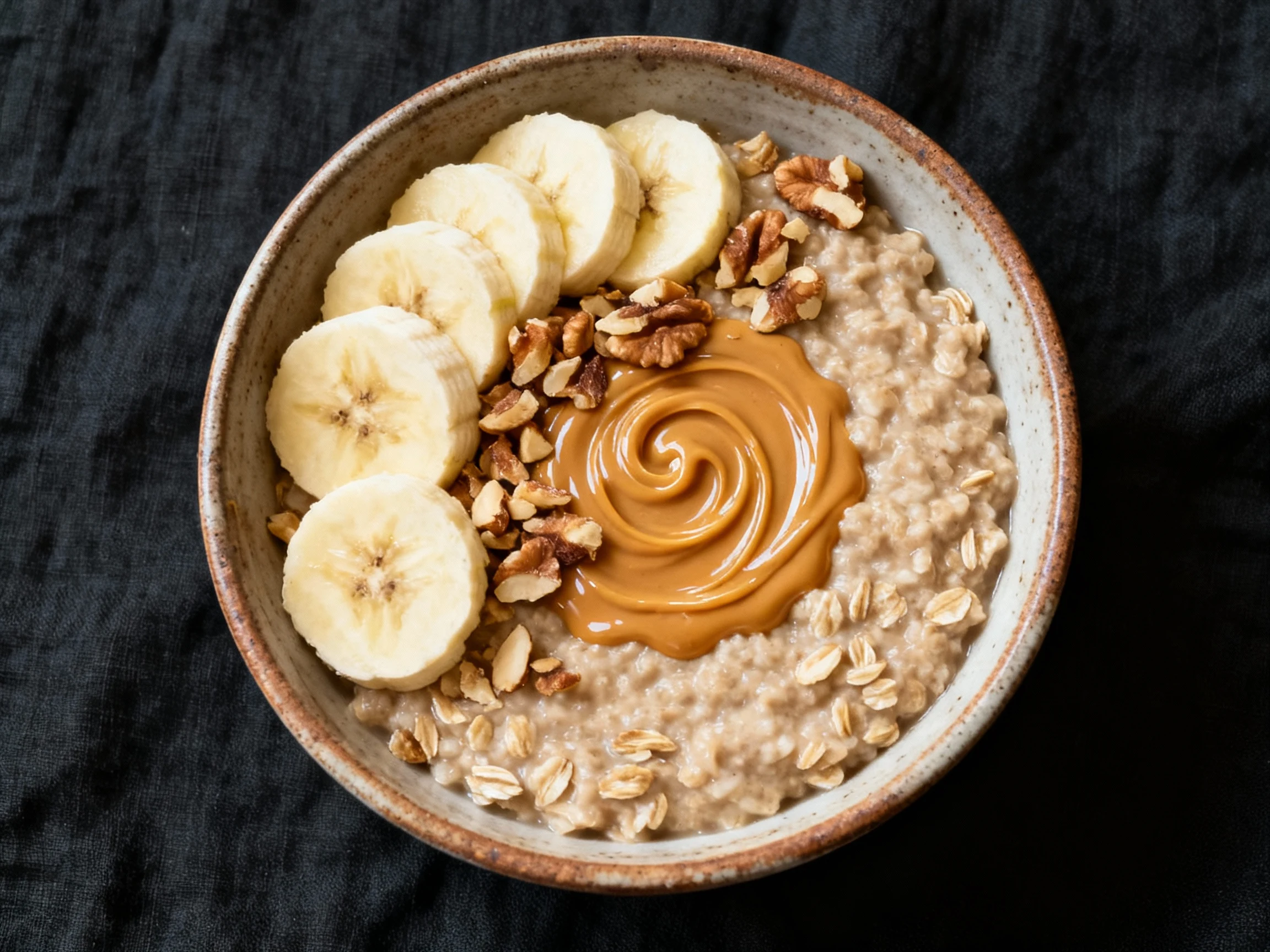 Food photography, Overhead shot of freshly cooked Peanut Butter Banana oatmeal in a rustic ceramic bowl, topped with sli
