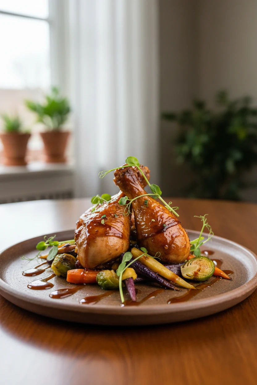 Elegant restaurant-style plating of three glazed chicken drumsticks atop a bed of roasted vegetables, drizzled with soy-