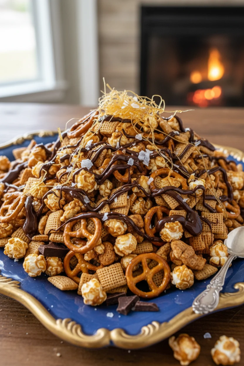 Beautifully plated sweet & salty Chex mix variation in a decorative snack tray, dark chocolate drizzle over caramel popc