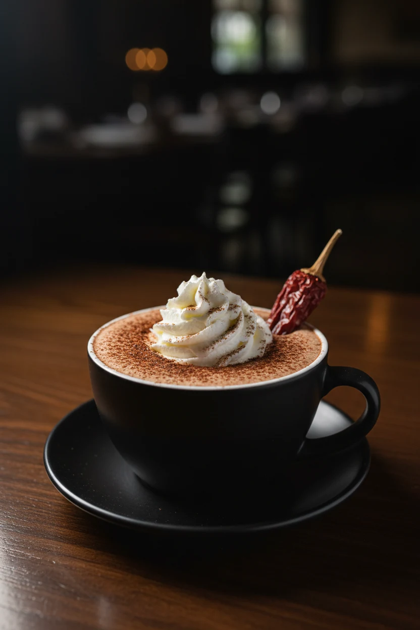 Elegant restaurant-style presentation of Mexican-spiced hot chocolate in a matte black cup and saucer, topped with a fin