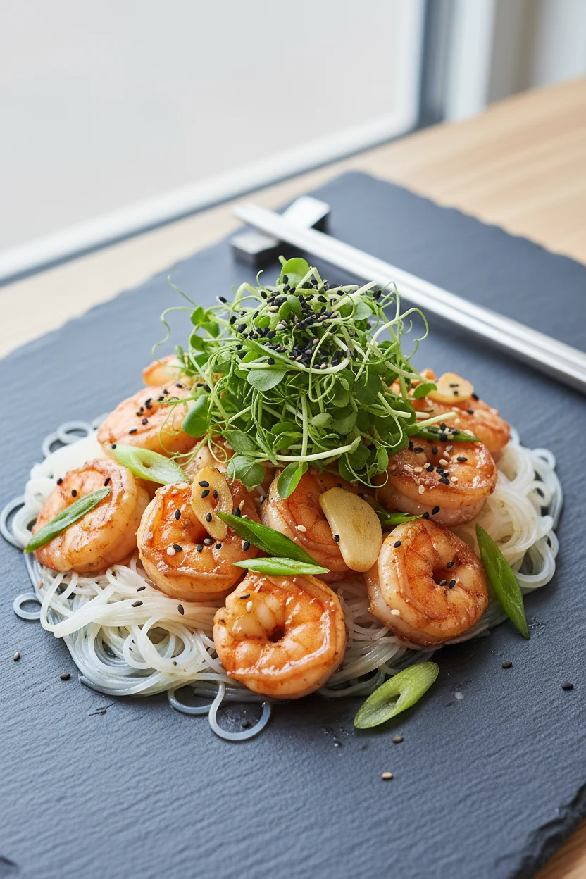 Elegant plating of shrimp stir-fry with garlic, ginger, and scallions over thin rice noodles, lightly drizzled with sesa