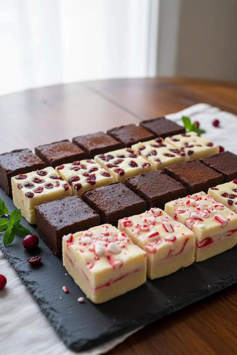 Artistic angle of assorted flavored fudge squares (classic chocolate, white chocolate with cranberries, candy cane swirl