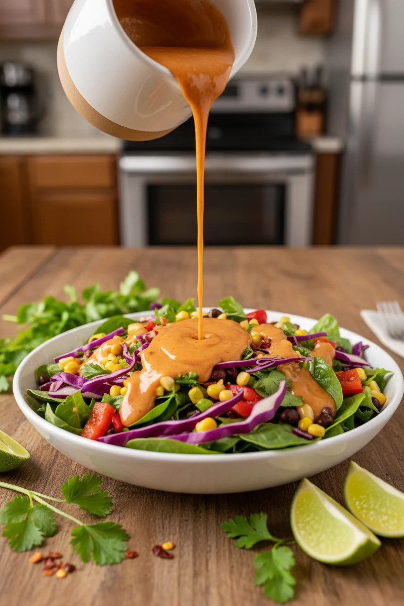 Cooking process shot of spicy chipotle dressing being poured slowly from a small jug over a colorful salad, vivid orange