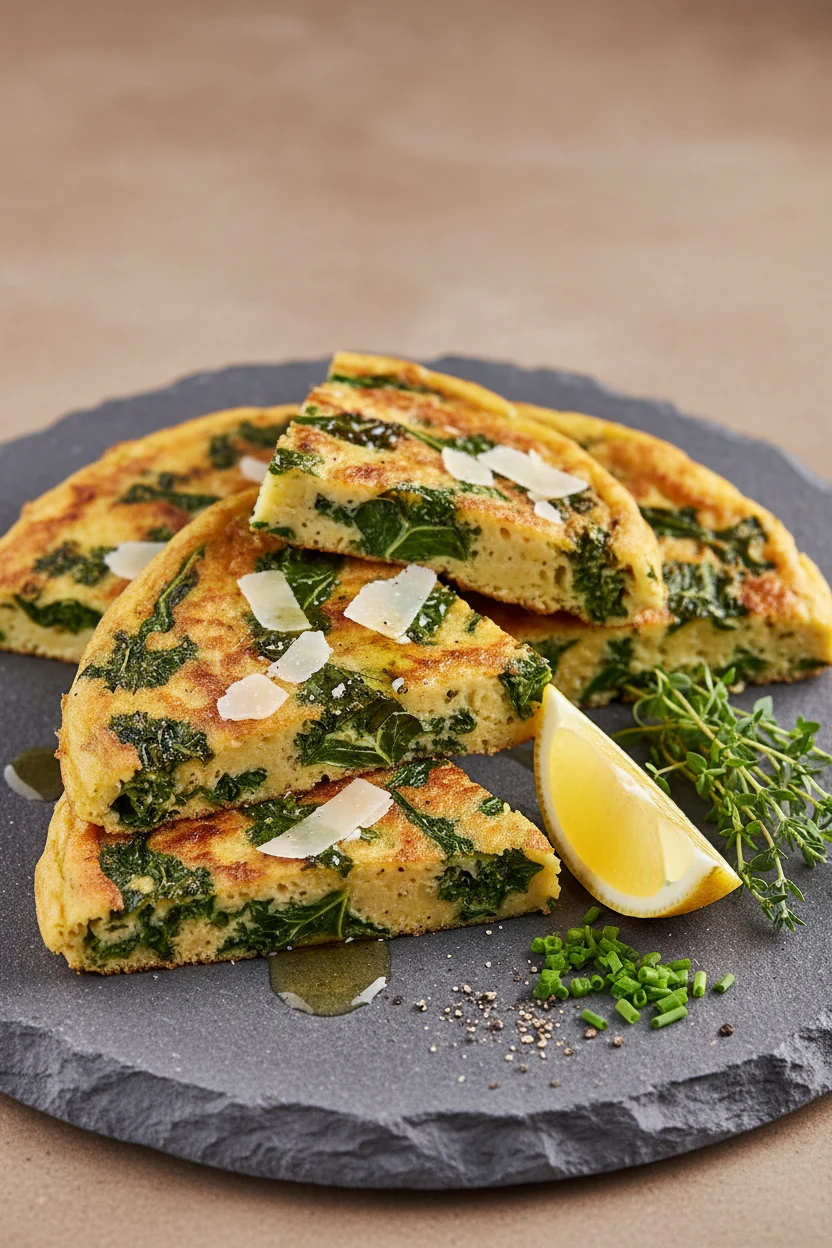 Restaurant-quality plated dish of warm frittata slices incorporating kale and parmesan, garnished with a lemon wedge and