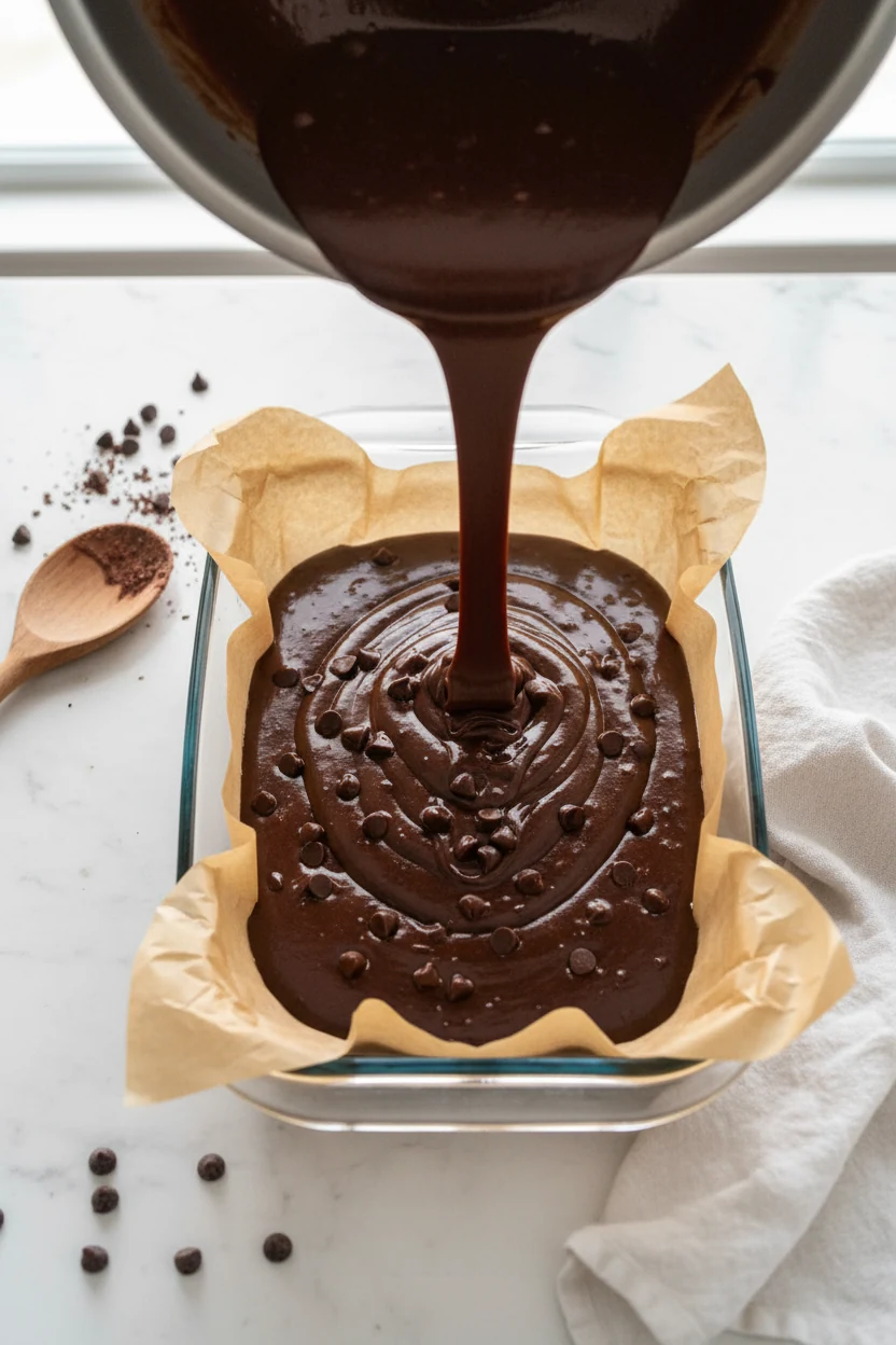 Mid-process shot of brownie batter being poured smoothly into a parchment-lined baking dish, rich cocoa color with visib