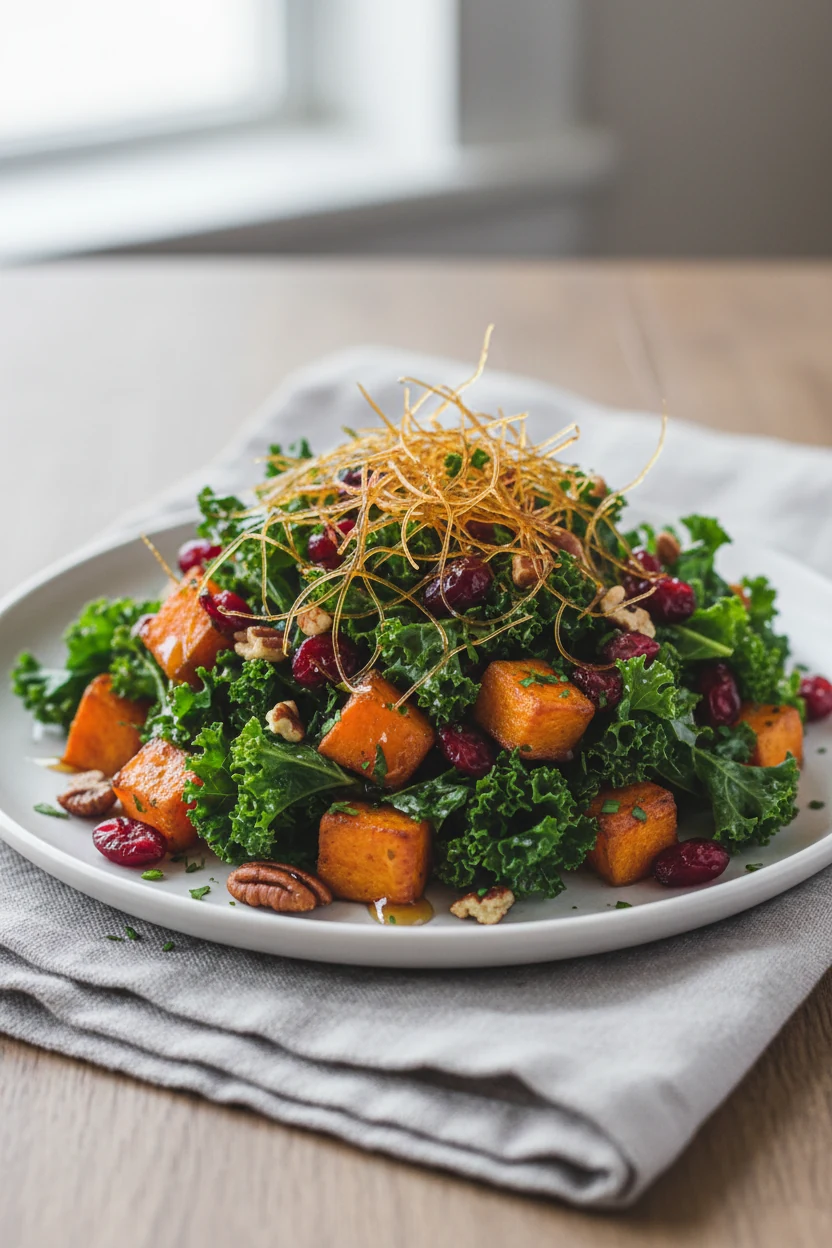 Restaurant-quality plated seasonal salad with roasted sweet potatoes, bright kale leaves, and glossy cranberries, drizzl