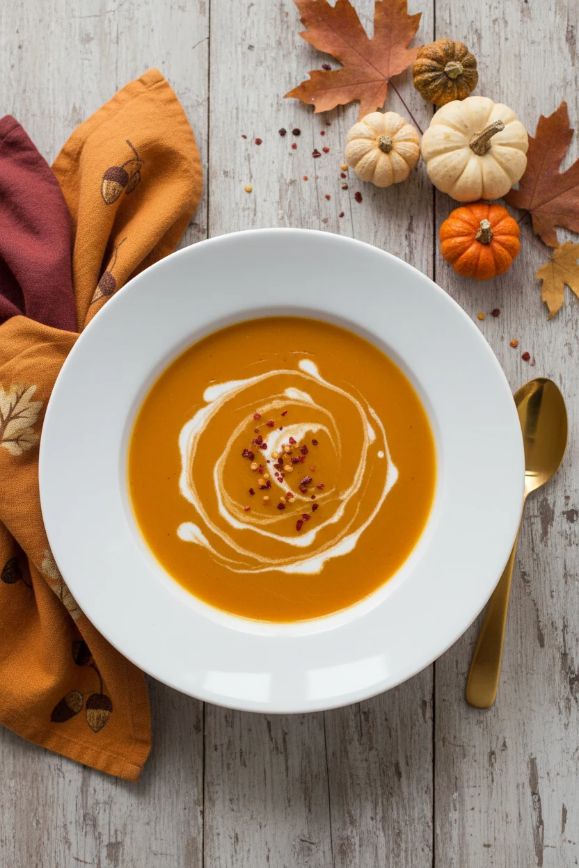 Elegantly plated creamy fall soup in a wide white bowl, swirl of coconut milk for marbling effect, sprinkled with red pe