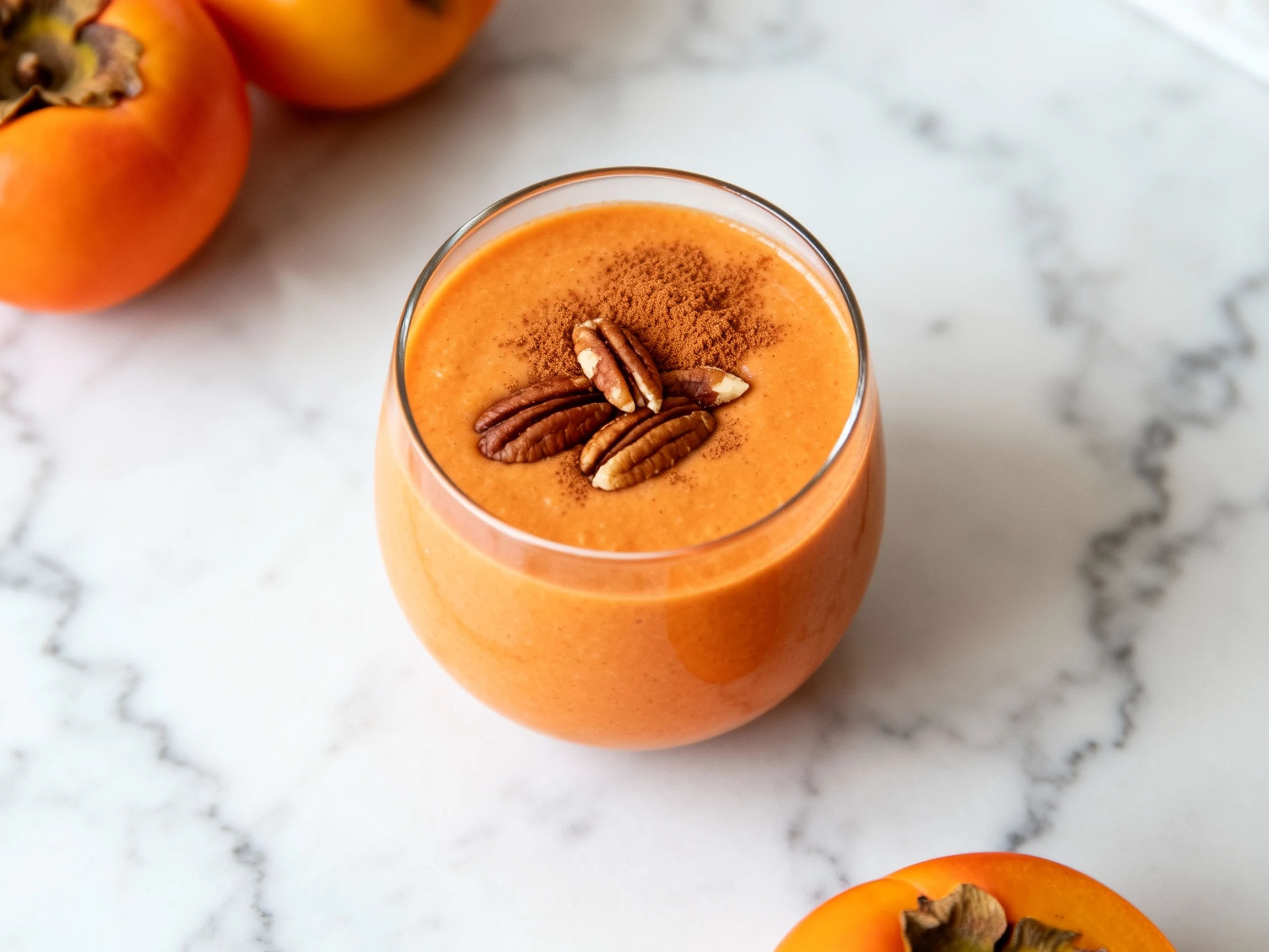 Food photography, Overhead shot of persimmon smoothie in a glass topped with a sprinkle of cinnamon and a few toasted pe