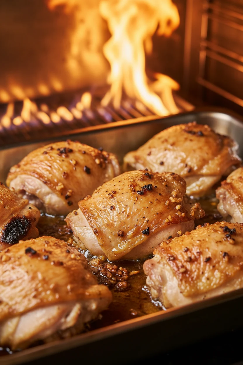 Mid-roast cooking process shot showing chicken thighs sizzling in a roasting pan, skins crisping and garlic bits caramel