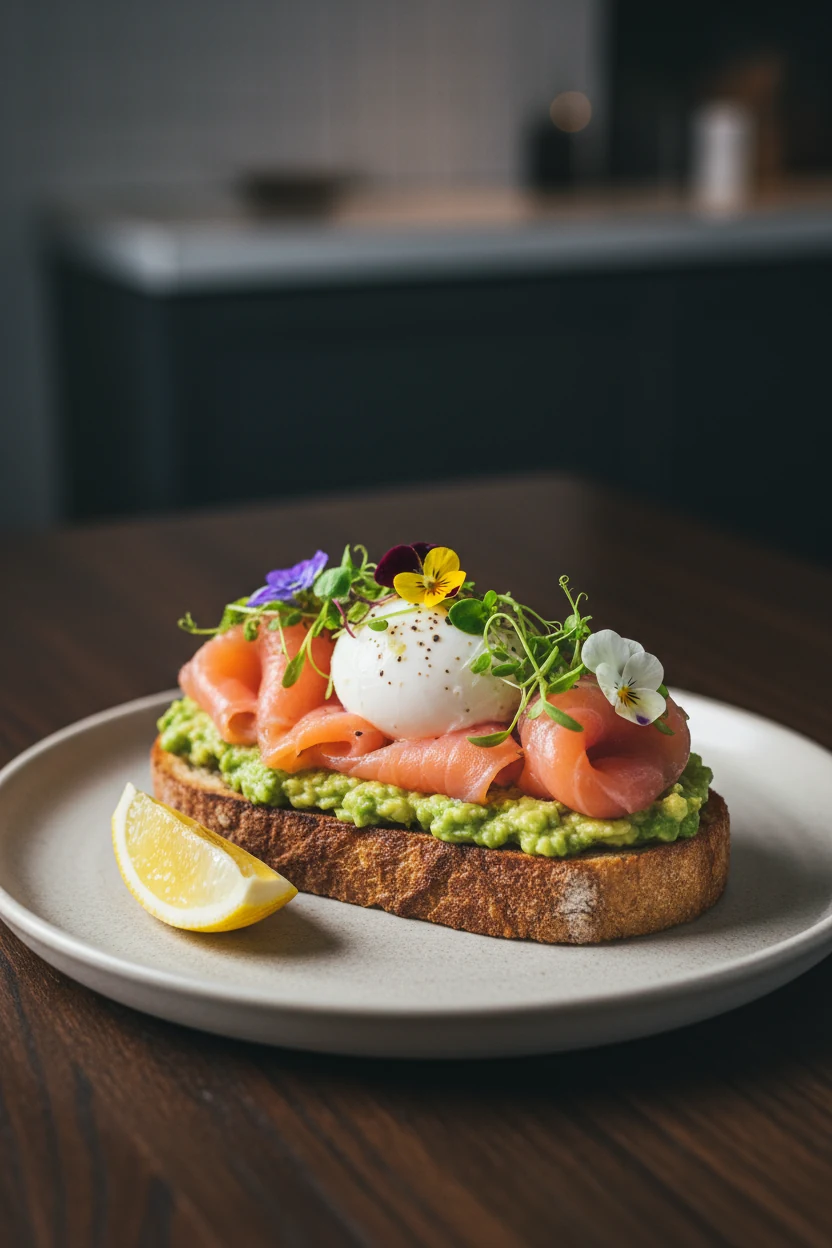 Elegant final presentation of sourdough toast layered with avocado mash, smoked salmon ribbons, and a soft poached egg, 