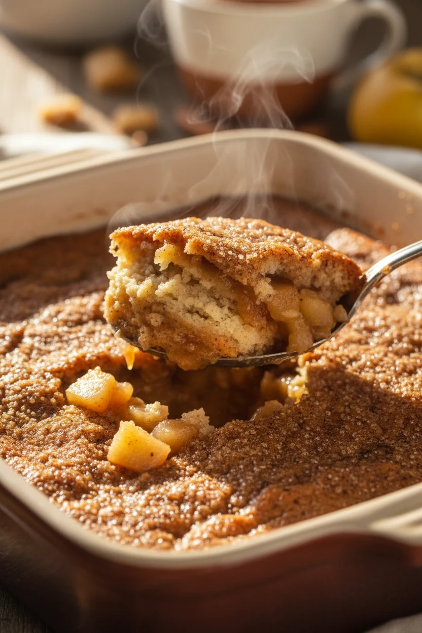 Close-up of a serving spoon lifting a portion of apple cinnamon dump cake from the pan, revealing moist spiced cake laye