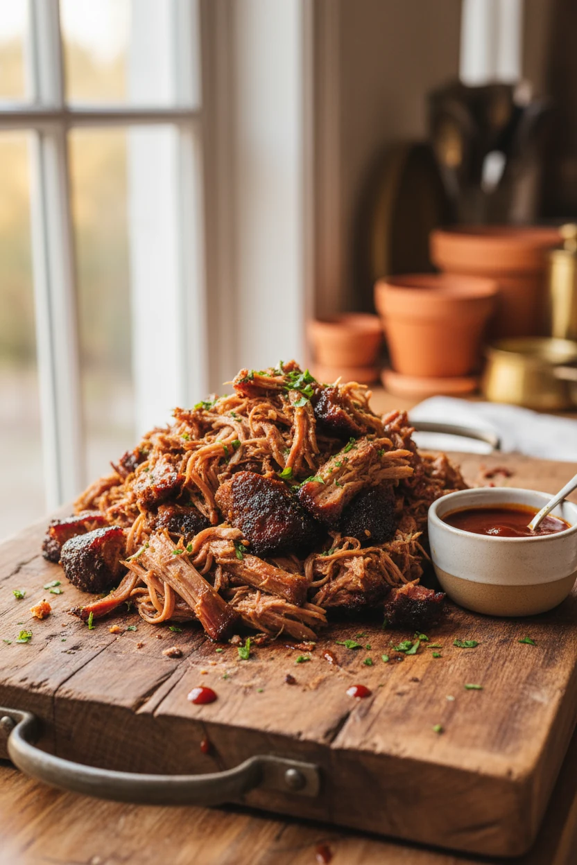 Final dish presentation of BBQ pulled pork piled high on a rustic wooden serving board, topped with a light parsley garn