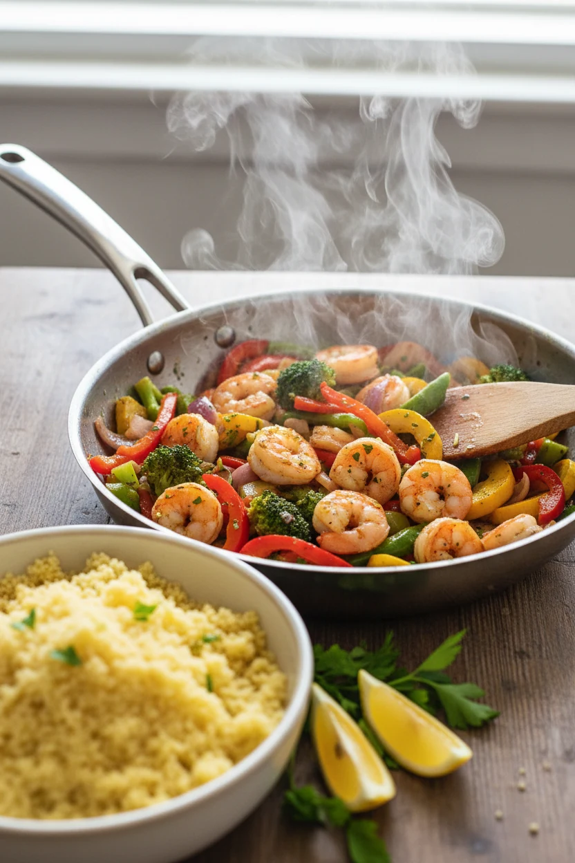 Cooking process shot of sautéed shrimp and colorful vegetables in a skillet just before being mixed into couscous, vivid