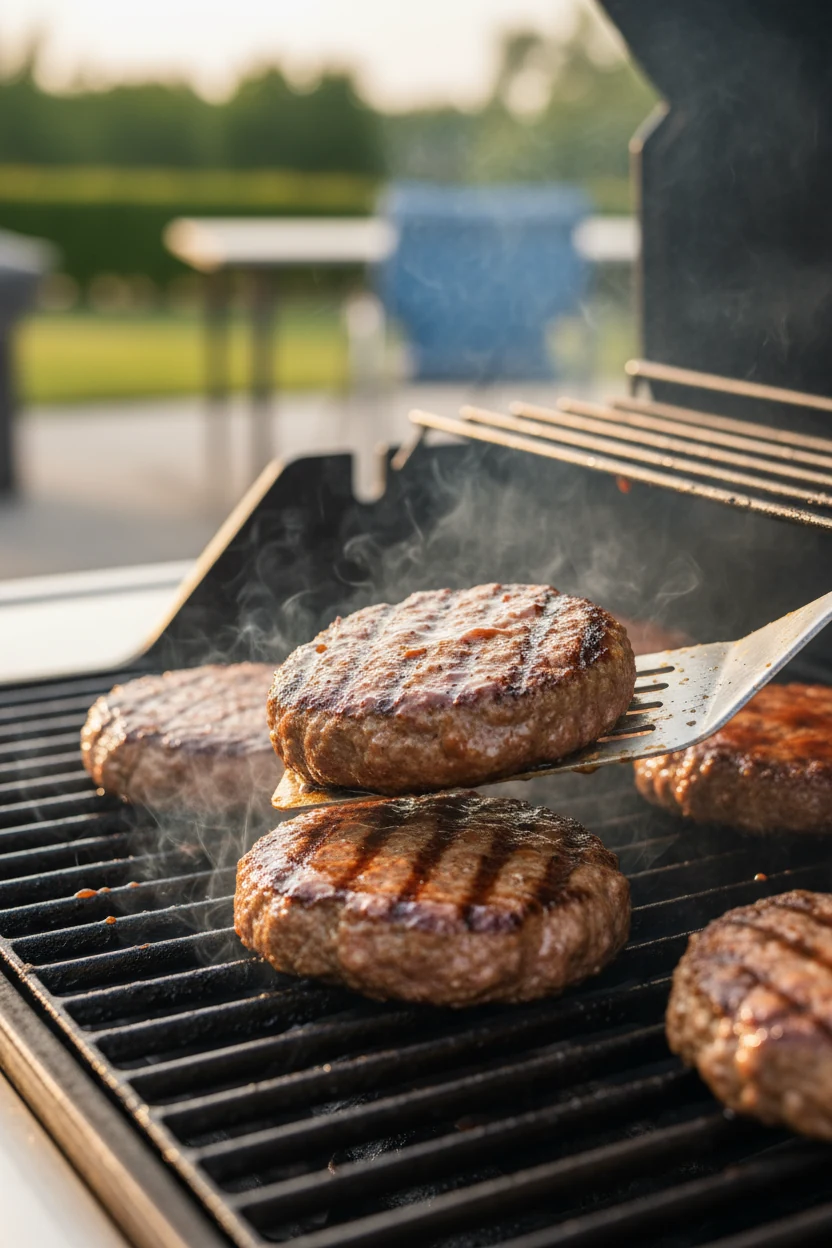 Cooking process shot of turkey burger patties mid-flip on a preheated grill, revealing char marks, a light brush of BBQ 