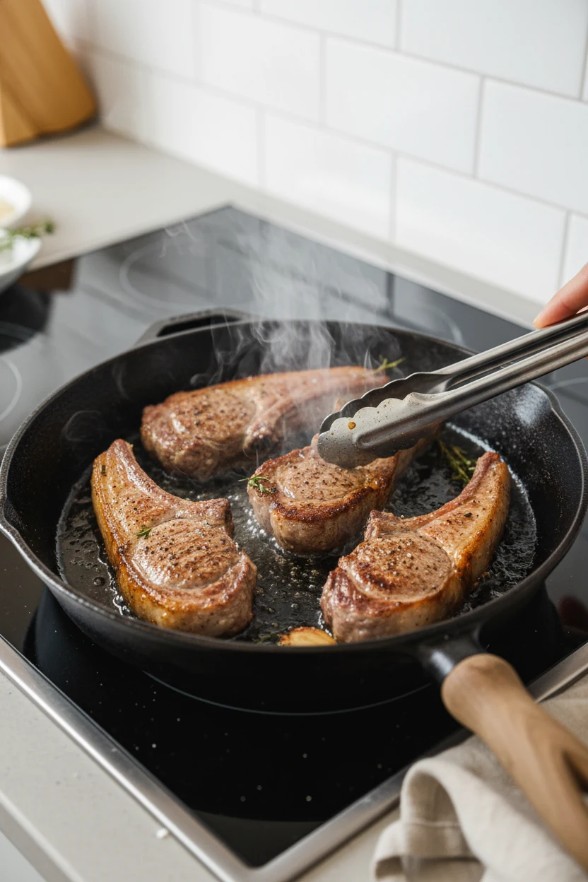 Cooking process shot of lamb chops sizzling in a hot cast-iron skillet, steam rising and olive oil shimmering, showing h