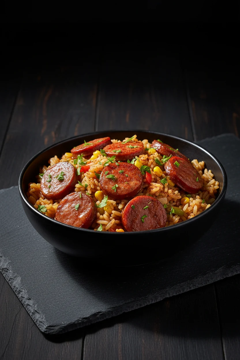 4. Restaurant-quality plated smoked sausage and rice medley, garnished with fresh parsley and a sprinkle of paprika, ser