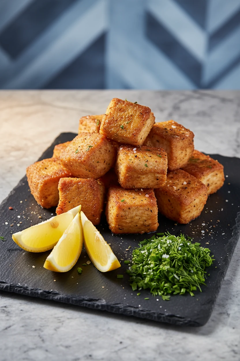 4. Restaurant-quality plated dish of airfryer chicken cubes with a side of lemon wedges and a sprinkle of fresh herbs, a