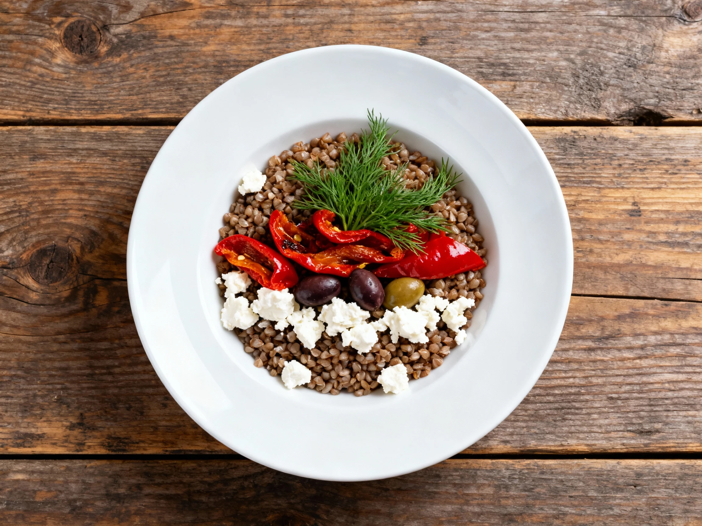 Food photography, Overhead shot of a Mediterranean-style buckwheat bowl layered with feta crumbles, roasted red peppers,